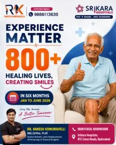 Dr. Rakesh Komuravelli celebrating 800 successful joint replacement surgeries at Srikara Hospitals Hyderabad.