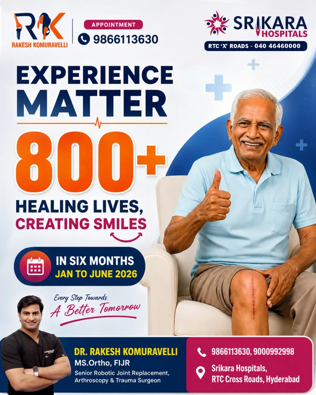 Dr. Rakesh Komuravelli celebrating 800 successful joint replacement surgeries at Srikara Hospitals Hyderabad.