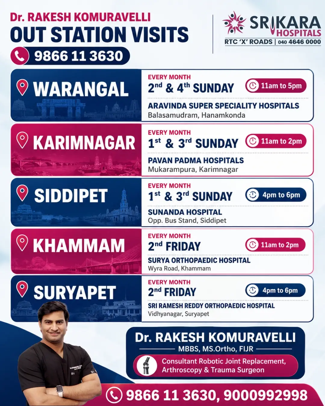 Dr. Rakesh Komuravelli Outstation Orthopaedic Visits | Warangal, Karimnagar, Siddipet, Khammam & Suryapet