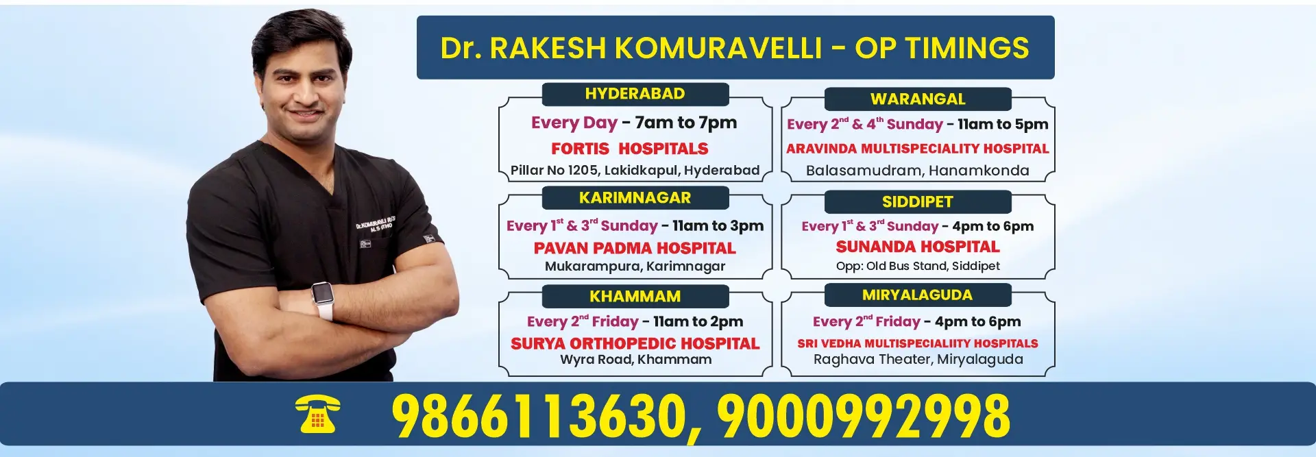 Dr. Rakesh Komuravelli OP timings and consultation locations in Hyderabad, Warangal, Karimnagar, Siddipet, Khammam and Suryapet, with hospital names, consultation timings and contact numbers.