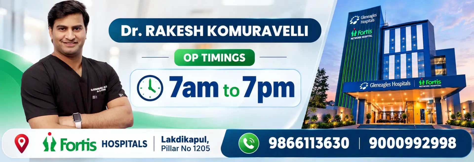 Dr. Rakesh Komuravelli – Orthopedic & Robotic Joint Replacement Surgeon in Hyderabad | Fortis Hospitals, Lakdikapul | OP Timings: 7 AM–7 PM.
